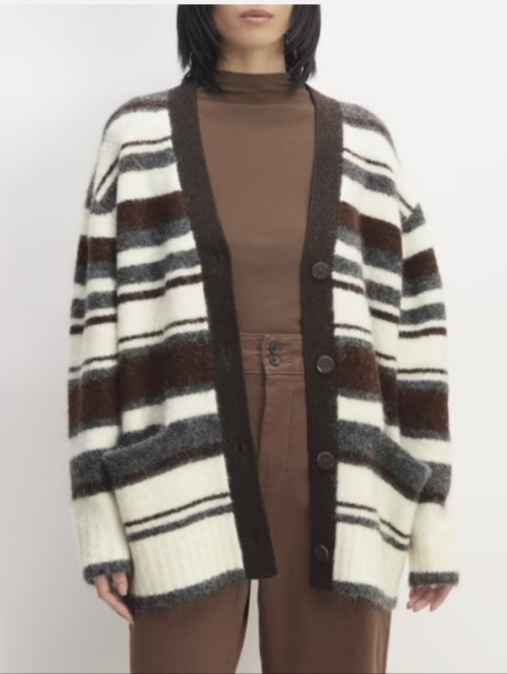 Everlane Striped Alpaca Superfuzz Blend Button Cardigan - Brown, White, Gray